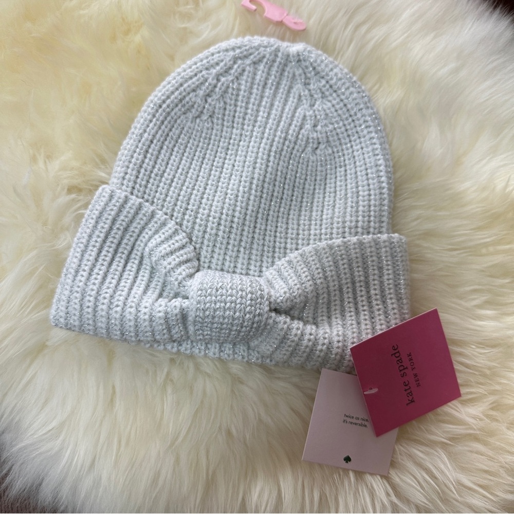 NEW Kate Spade New York Metallic Bow Beanie Cream Shimmer Reversible